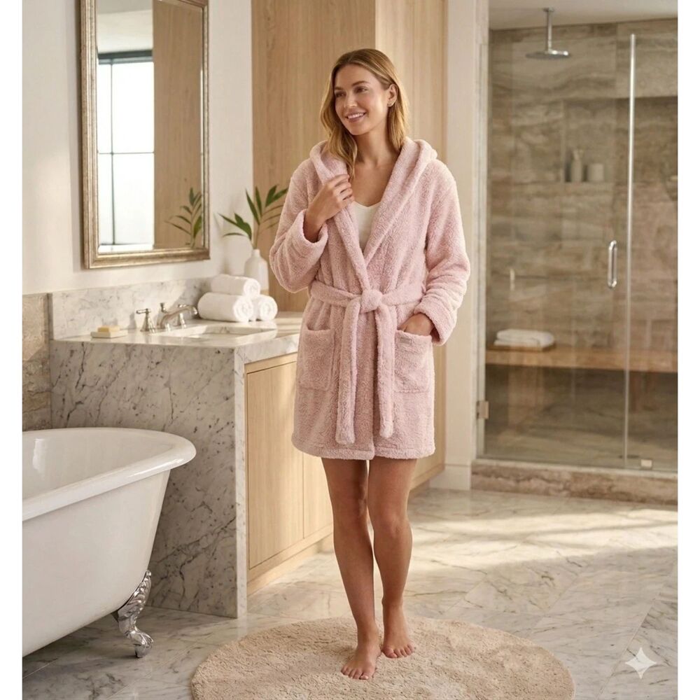 POTTERY BARN ROBE HOODED TEEN COZY SHERPA BLUSH ONE SIZE SOFT BELTED POCKETS